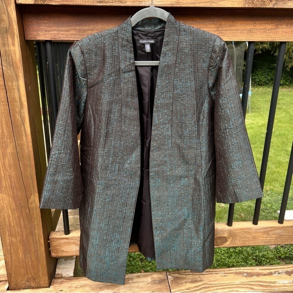 EILEEN FISHER Pine Infinity Jacquard Blazer Shawl Collar 3/4 Sleeve - Picture 2 of 7
